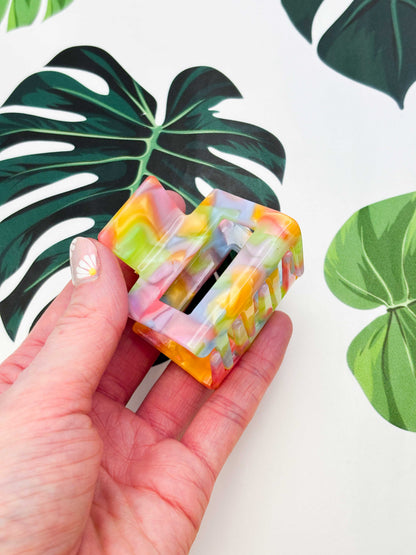 Small Pastel Rainbow Rectangle Claw Clip