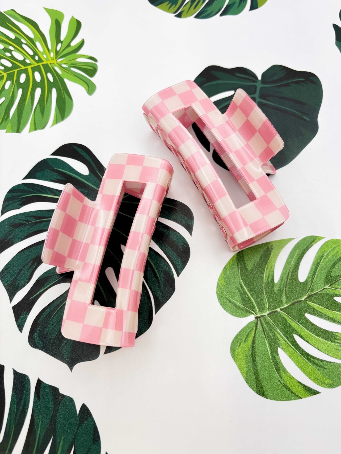 Large Pink and Cream Gingham Claw Clip