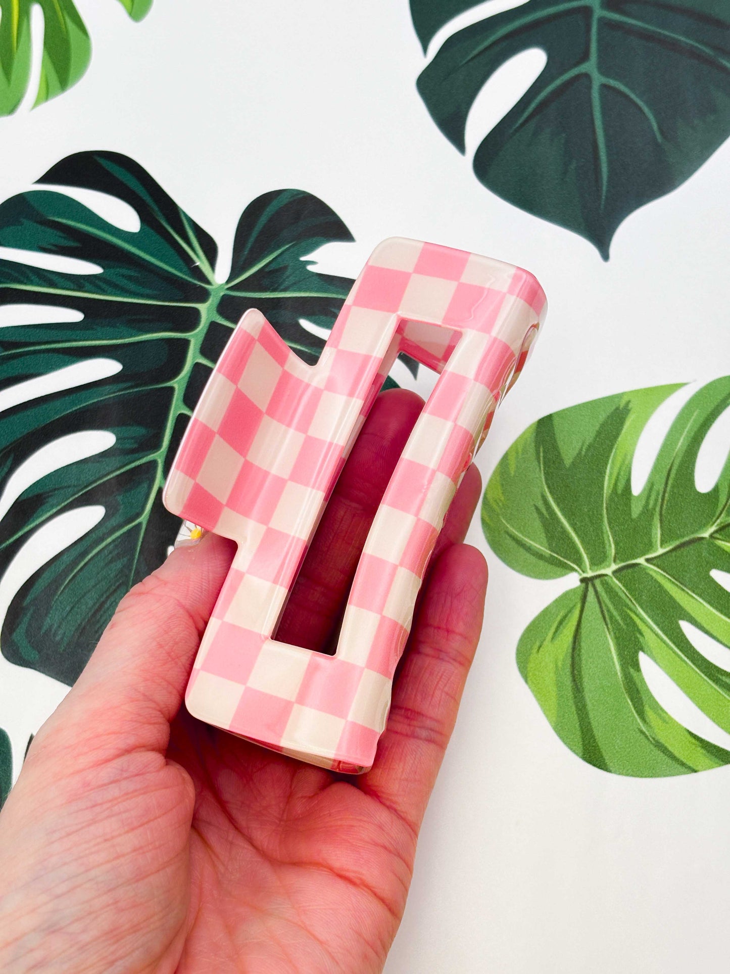 Large Pink and Cream Gingham Claw Clip