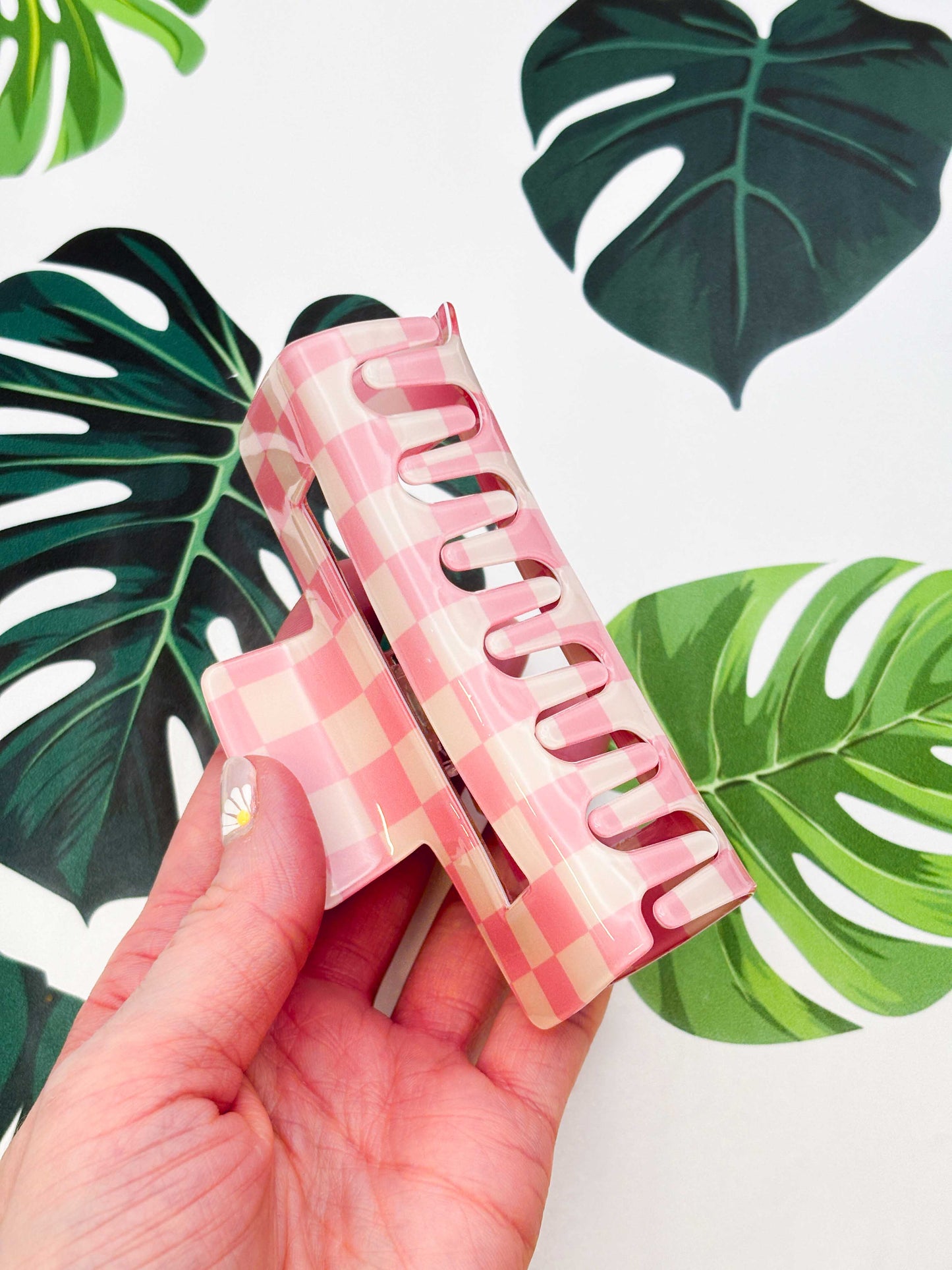 Large Pink and Cream Gingham Claw Clip