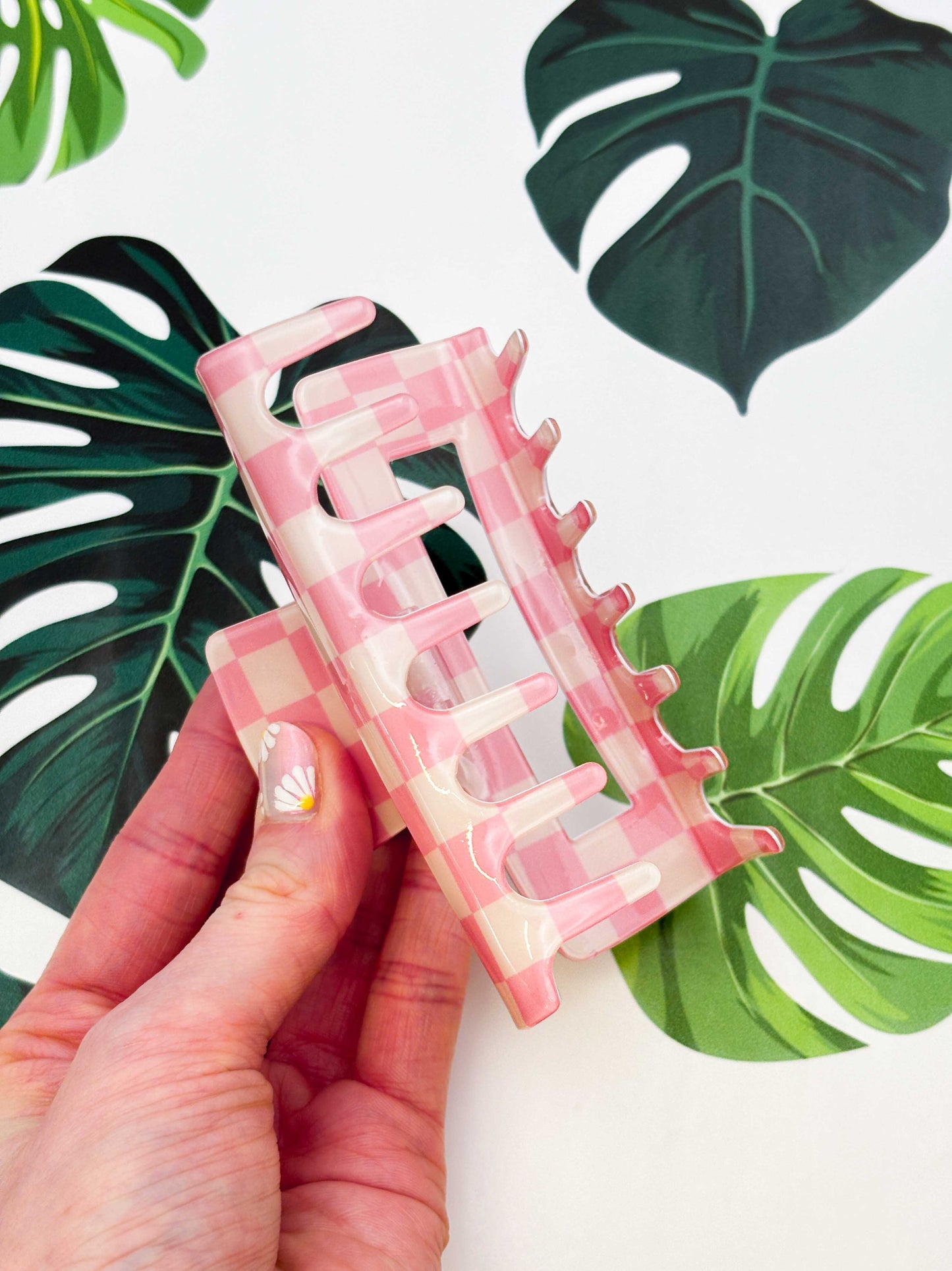 Large Pink and Cream Gingham Claw Clip