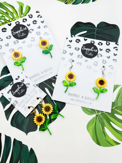 Large Yellow Sunflower Acrylic Dangle Earrings or Necklace – Hypoallergenic Stainless Steel