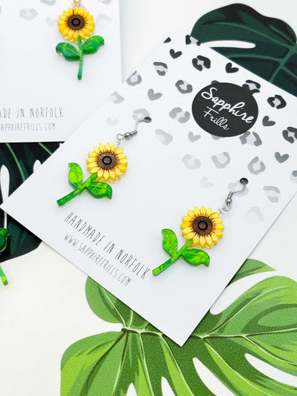 Large Yellow Sunflower Acrylic Dangle Earrings or Necklace – Hypoallergenic Stainless Steel