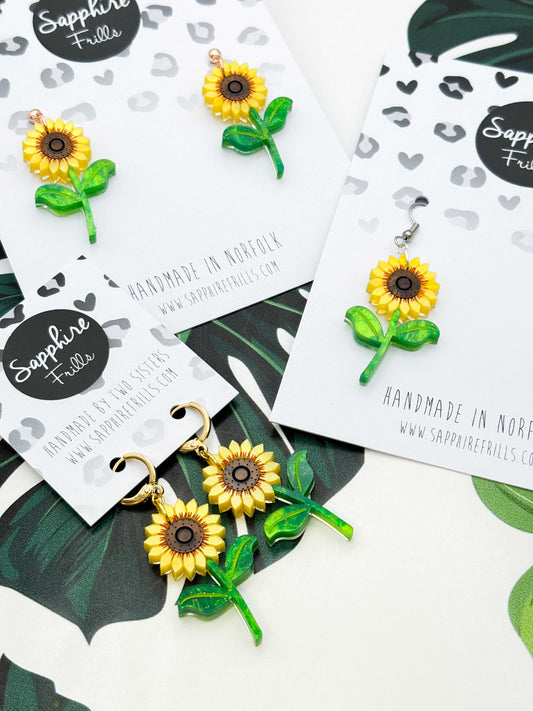 Large Yellow Sunflower Acrylic Dangle Earrings or Necklace – Hypoallergenic Stainless Steel