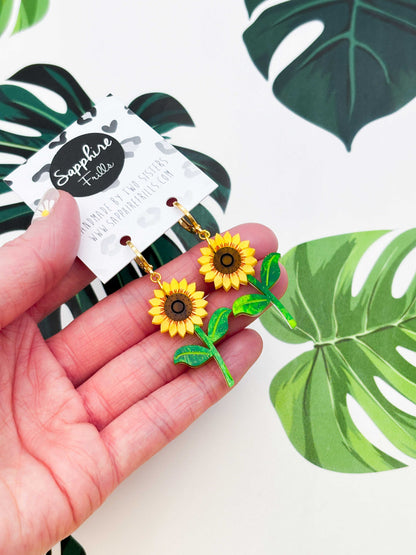 Large Yellow Sunflower Acrylic Dangle Earrings or Necklace – Hypoallergenic Stainless Steel