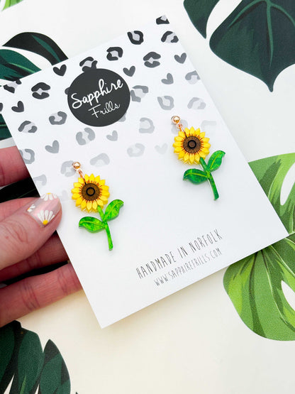 Large Yellow Sunflower Acrylic Dangle Earrings or Necklace – Hypoallergenic Stainless Steel