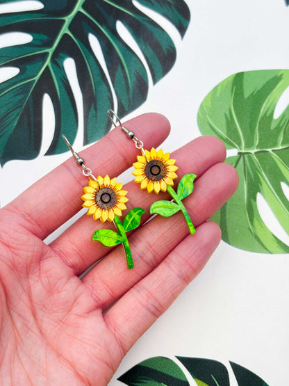 Large Yellow Sunflower Acrylic Dangle Earrings or Necklace – Hypoallergenic Stainless Steel