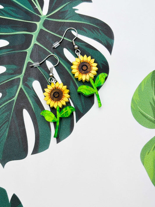 Large Yellow Sunflower Acrylic Dangle Earrings or Necklace – Hypoallergenic Stainless Steel