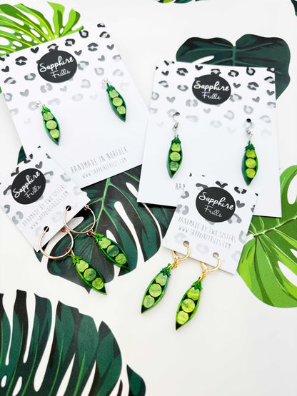 Green Glitter Marble ‘Peas in a Pod’ Acrylic Dangle Earrings or Necklace – Hypoallergenic Stainless Steel