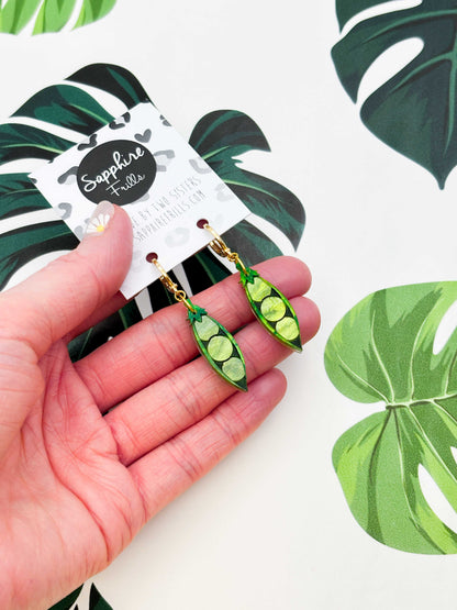 Green Glitter Marble ‘Peas in a Pod’ Acrylic Dangle Earrings or Necklace – Hypoallergenic Stainless Steel