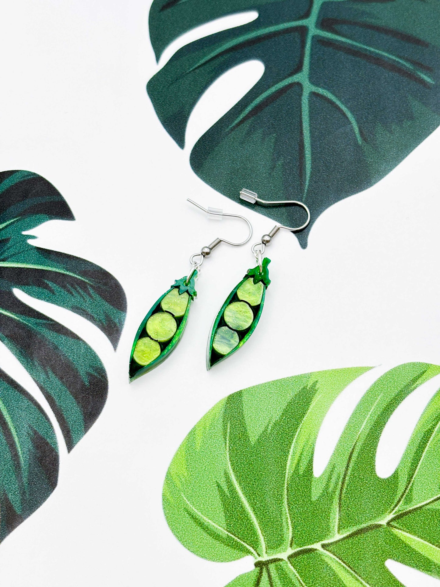 Medium Green Glitter Marble 'Peas in a Pod' Acrylic Dangle Earrings