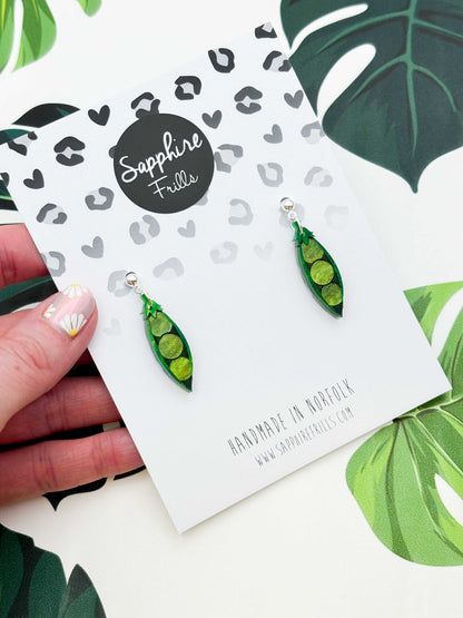 Green Glitter Marble ‘Peas in a Pod’ Acrylic Dangle Earrings or Necklace – Hypoallergenic Stainless Steel