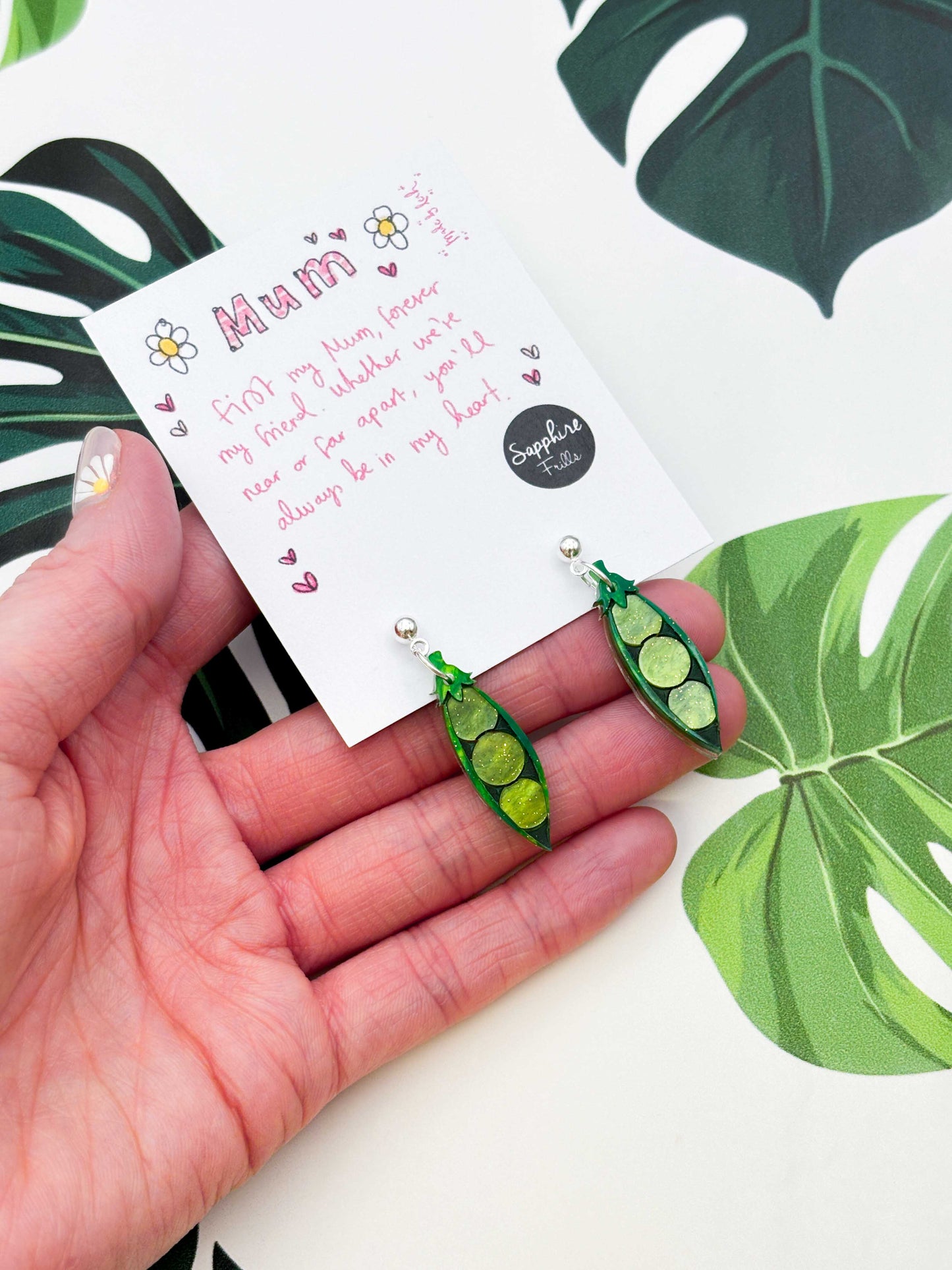 Medium Green Glitter Marble 'Peas in a Pod' Acrylic Dangle Earrings