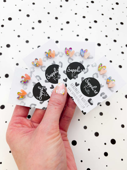 Mini Rainbow Confetti and Peach Marble Double Heart Acrylic Stud Earrings – Hypoallergenic Stainless Steel