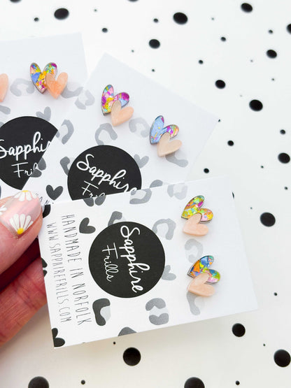 Mini Rainbow Confetti and Peach Marble Double Heart Acrylic Stud Earrings – Hypoallergenic Stainless Steel