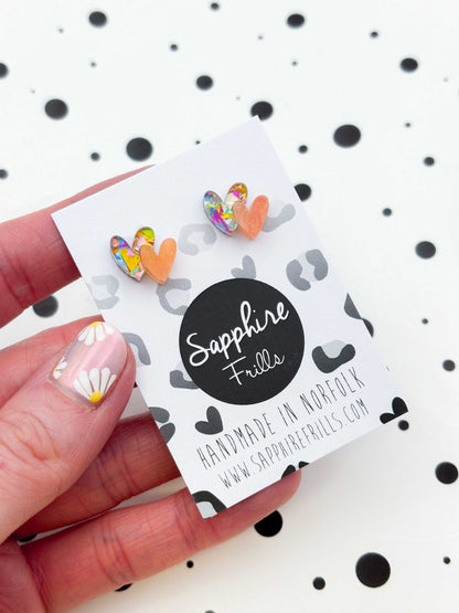 Mini Rainbow Confetti and Peach Marble Double Heart Acrylic Stud Earrings – Hypoallergenic Stainless Steel