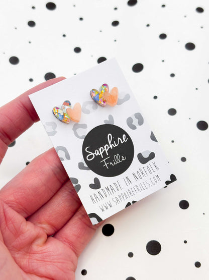 Mini Rainbow Confetti and Peach Marble Double Heart Acrylic Stud Earrings – Hypoallergenic Stainless Steel