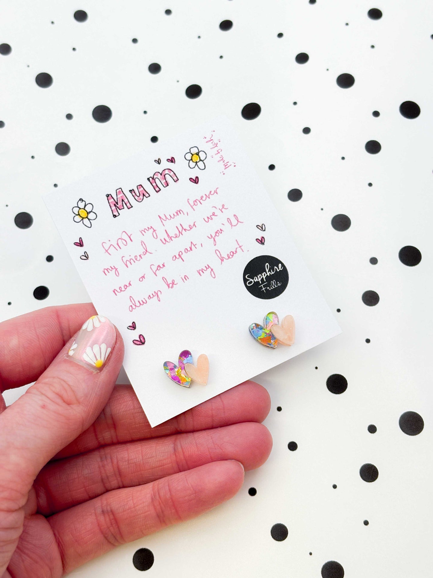 Mini Rainbow Confetti and Peach Marble Double Heart Acrylic Stud Earrings