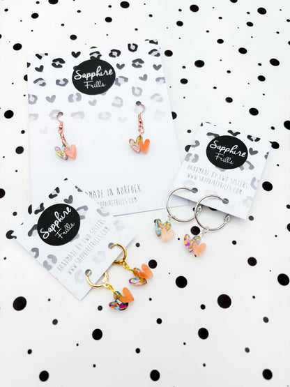 Mini Rainbow Peach Double Heart Dangle Earrings or Necklace – Hypoallergenic Stainless Steel