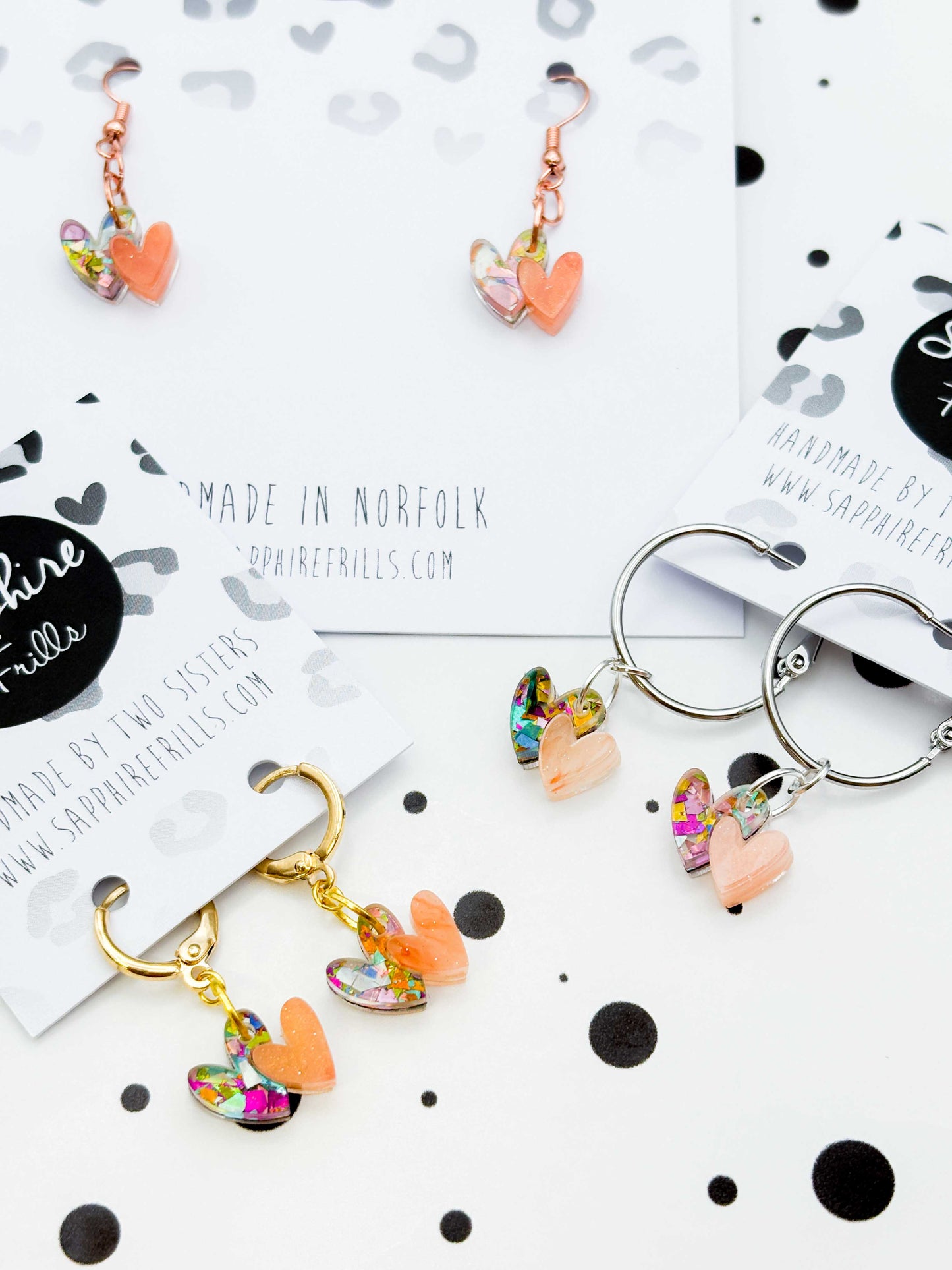 Mini Rainbow Confetti and Peach Marble Double Heart Dangle Earrings