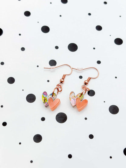 Mini Rainbow Peach Double Heart Dangle Earrings or Necklace – Hypoallergenic Stainless Steel