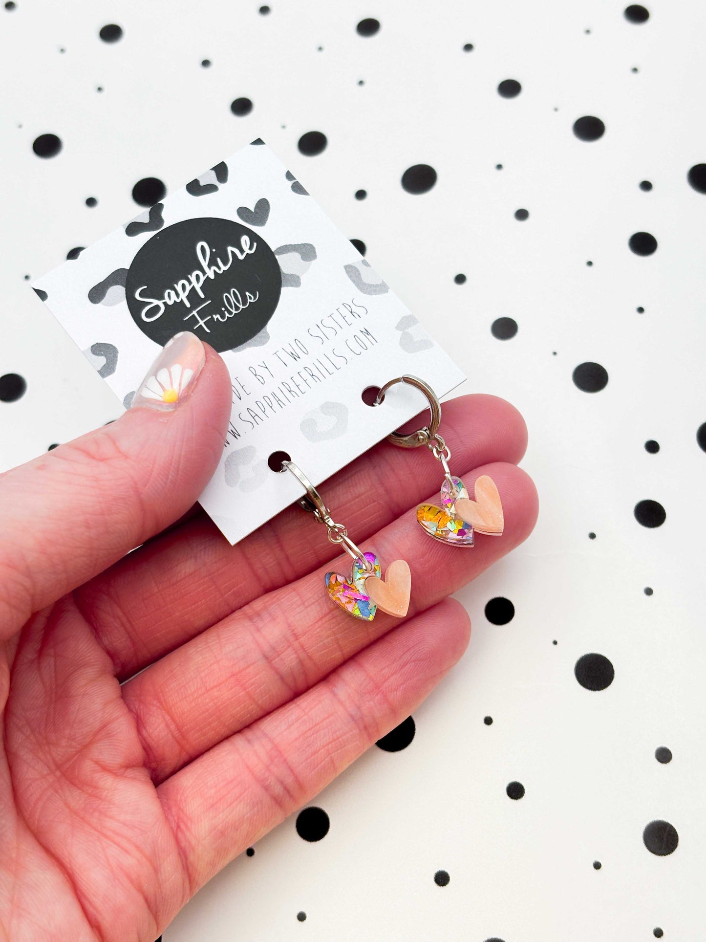 Mini Rainbow Confetti and Peach Marble Double Heart Dangle Earrings