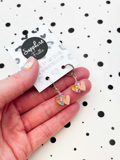 Mini Rainbow Peach Double Heart Dangle Earrings or Necklace – Hypoallergenic Stainless Steel