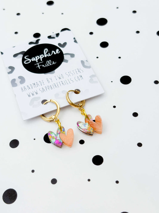 Mini Rainbow Peach Double Heart Dangle Earrings or Necklace – Hypoallergenic Stainless Steel