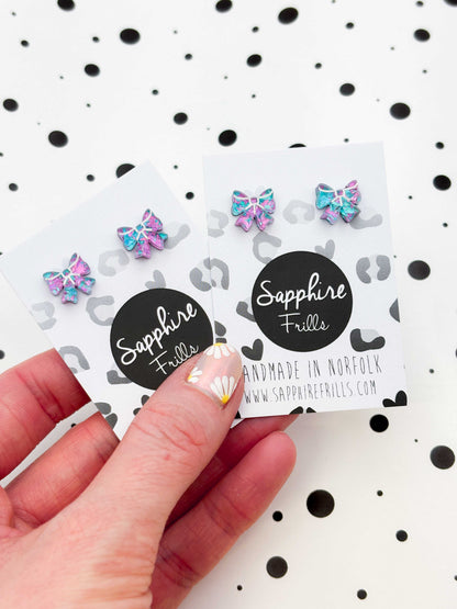 Mini Lilac and Mint Confetti Acrylic Bow Stud Earrings – Hypoallergenic Stainless Steel