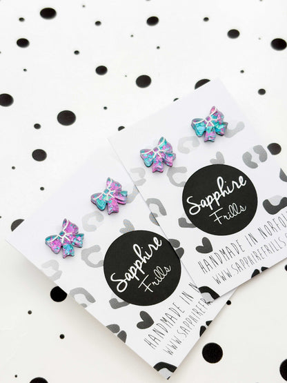 Mini Lilac and Mint Confetti Acrylic Bow Stud Earrings – Hypoallergenic Stainless Steel