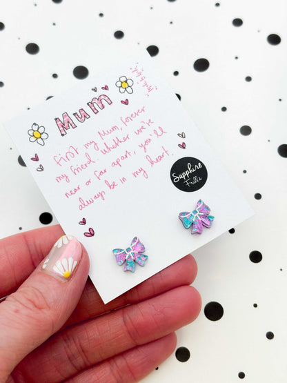 Mini Lilac and Mint Confetti Acrylic Bow Stud Earrings – Hypoallergenic Stainless Steel
