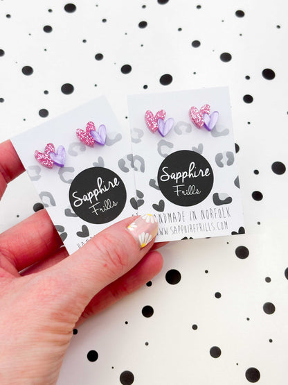 Mini Bubblegum Pink Glitter and Lilac Marble Double Heart Acrylic Stud Earrings – Hypoallergenic Stainless Steel