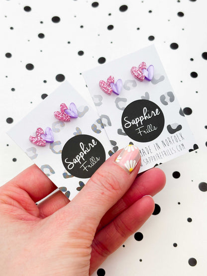 Mini Bubblegum Pink Glitter and Lilac Marble Double Heart Acrylic Stud Earrings – Hypoallergenic Stainless Steel