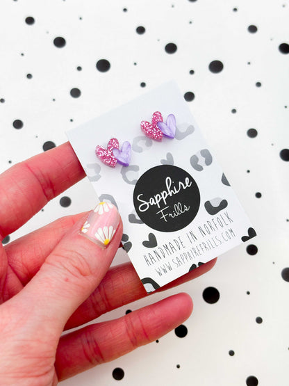 Mini Bubblegum Pink Glitter and Lilac Marble Double Heart Acrylic Stud Earrings – Hypoallergenic Stainless Steel