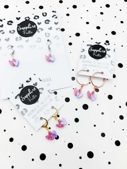 Mini Bubblegum Pink Glitter and Lilac Marble Double Heart Dangle Earrings or Necklace – Hypoallergenic Stainless Steel