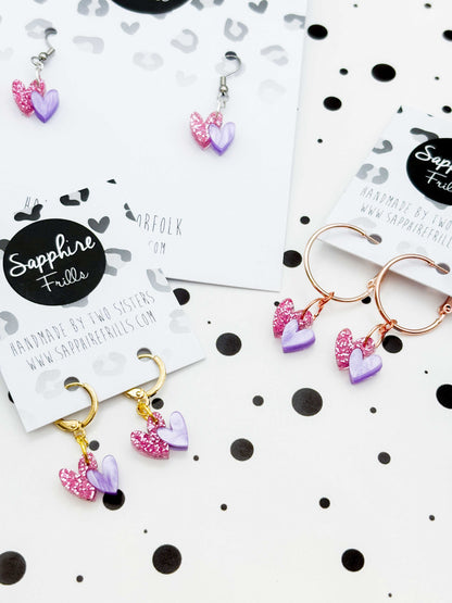 Mini Bubblegum Pink Glitter and Lilac Marble Double Heart Dangle Earrings or Necklace – Hypoallergenic Stainless Steel