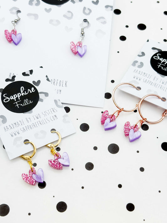 Mini Bubblegum Pink Glitter and Lilac Marble Double Heart Dangle Earrings or Necklace – Hypoallergenic Stainless Steel