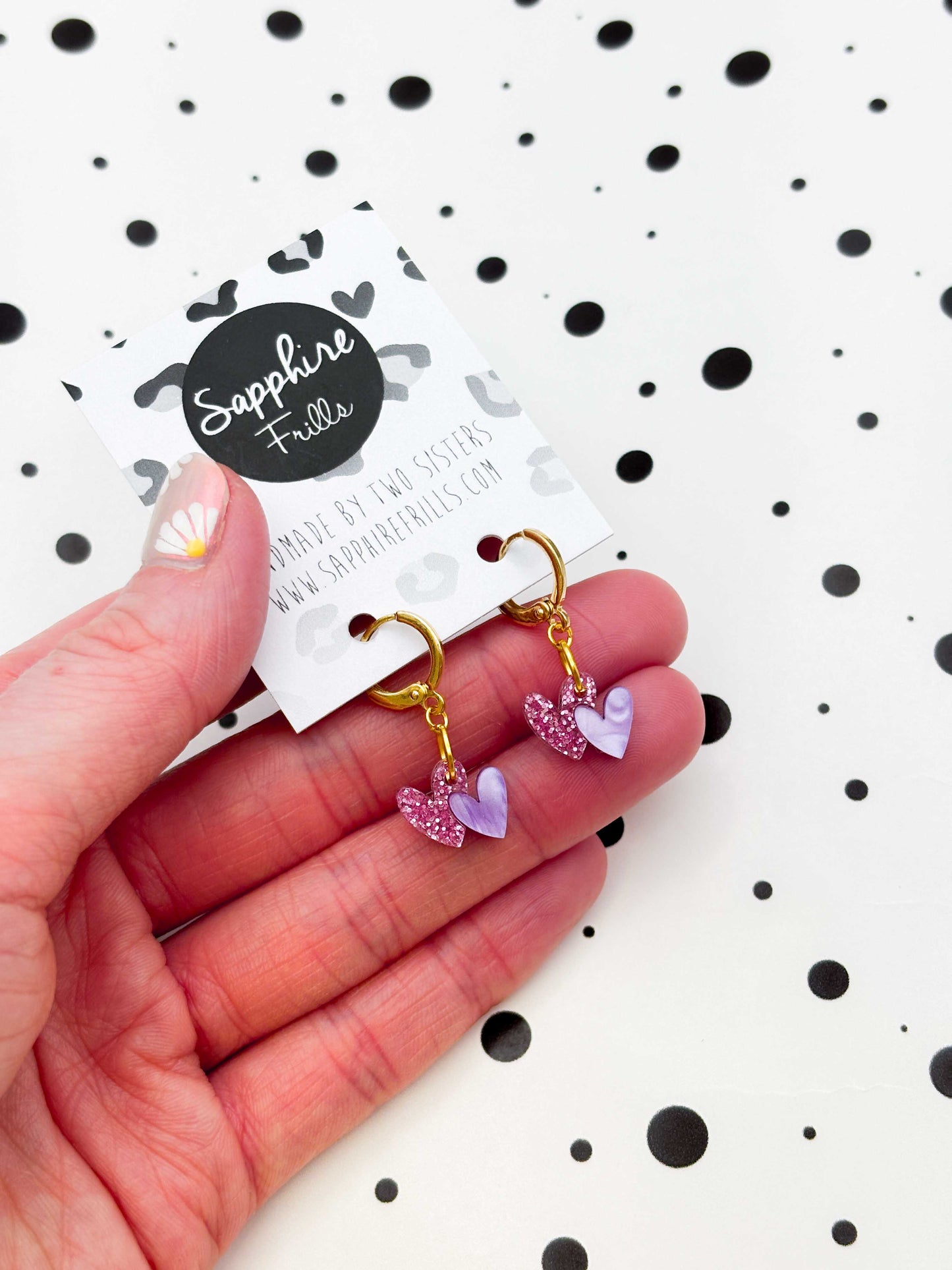 Mini Bubblegum Pink Glitter and Lilac Marble Double Heart Dangle Earrings
