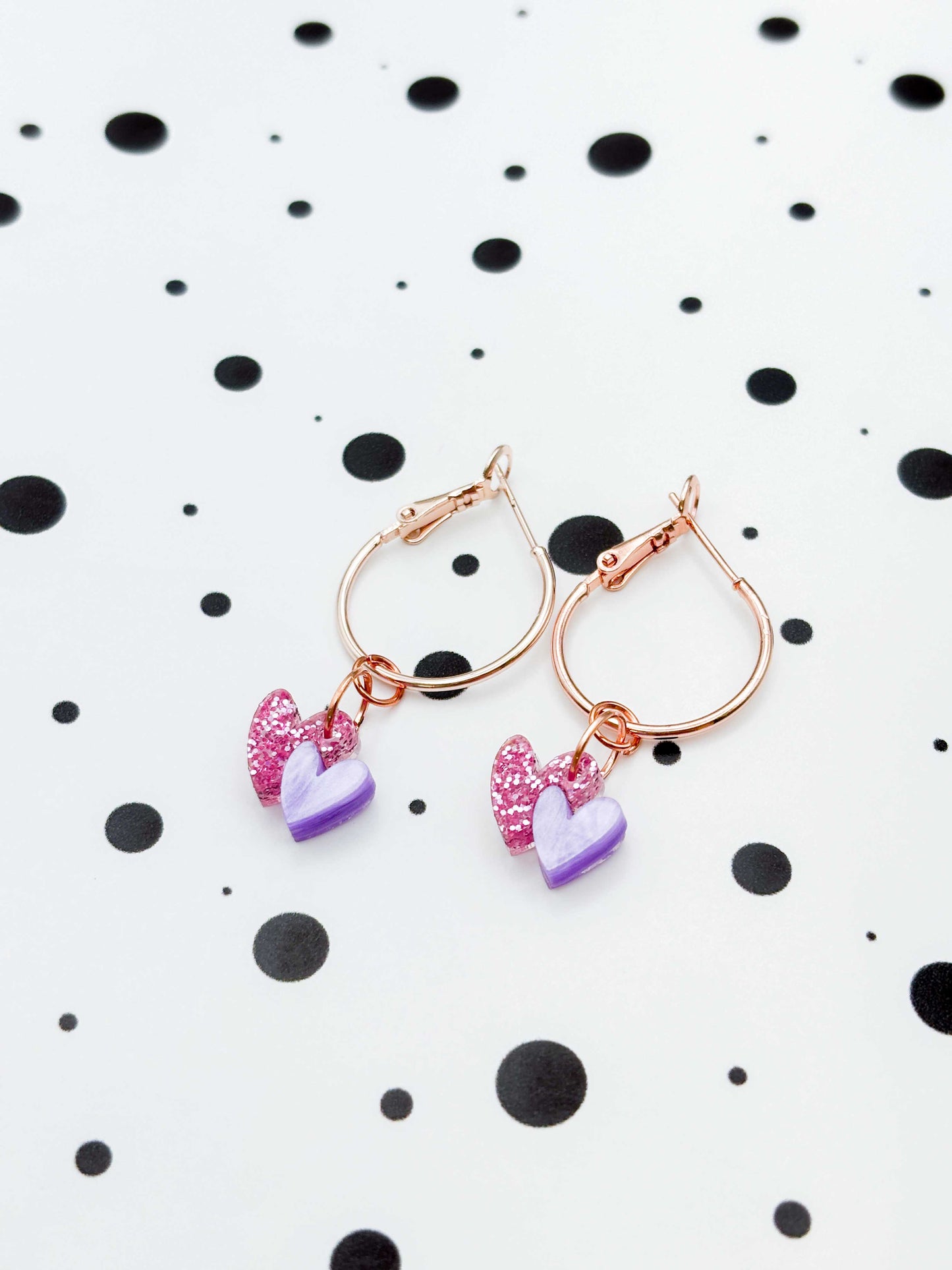 Mini Bubblegum Pink Glitter and Lilac Marble Double Heart Dangle Earrings