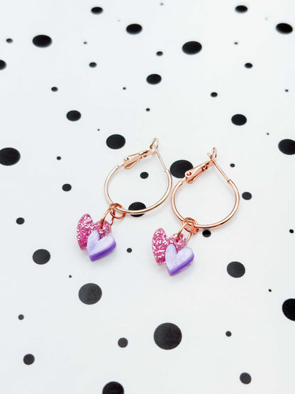 Mini Bubblegum Pink Glitter and Lilac Marble Double Heart Dangle Earrings or Necklace – Hypoallergenic Stainless Steel