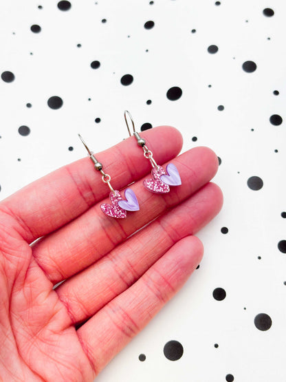 Mini Bubblegum Pink Glitter and Lilac Marble Double Heart Dangle Earrings or Necklace – Hypoallergenic Stainless Steel
