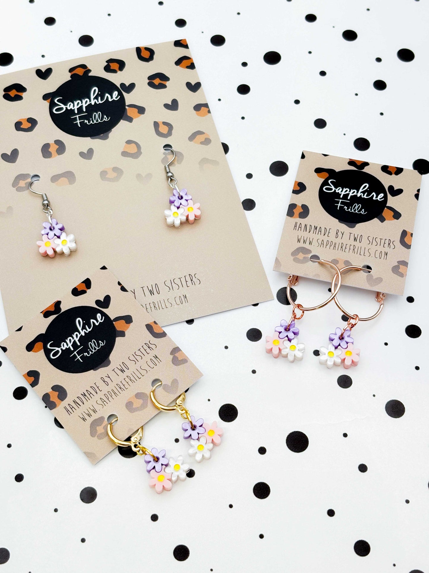 Small Lilac, Pink & White Trio of Daisies Acrylic Dangle Earrings
