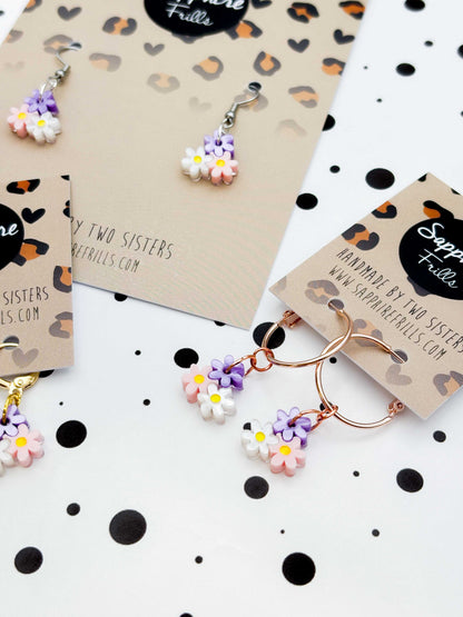 Small Lilac, Pink & White Trio of Daisies Acrylic Dangle Earrings or Necklace – Hypoallergenic Stainless Steel