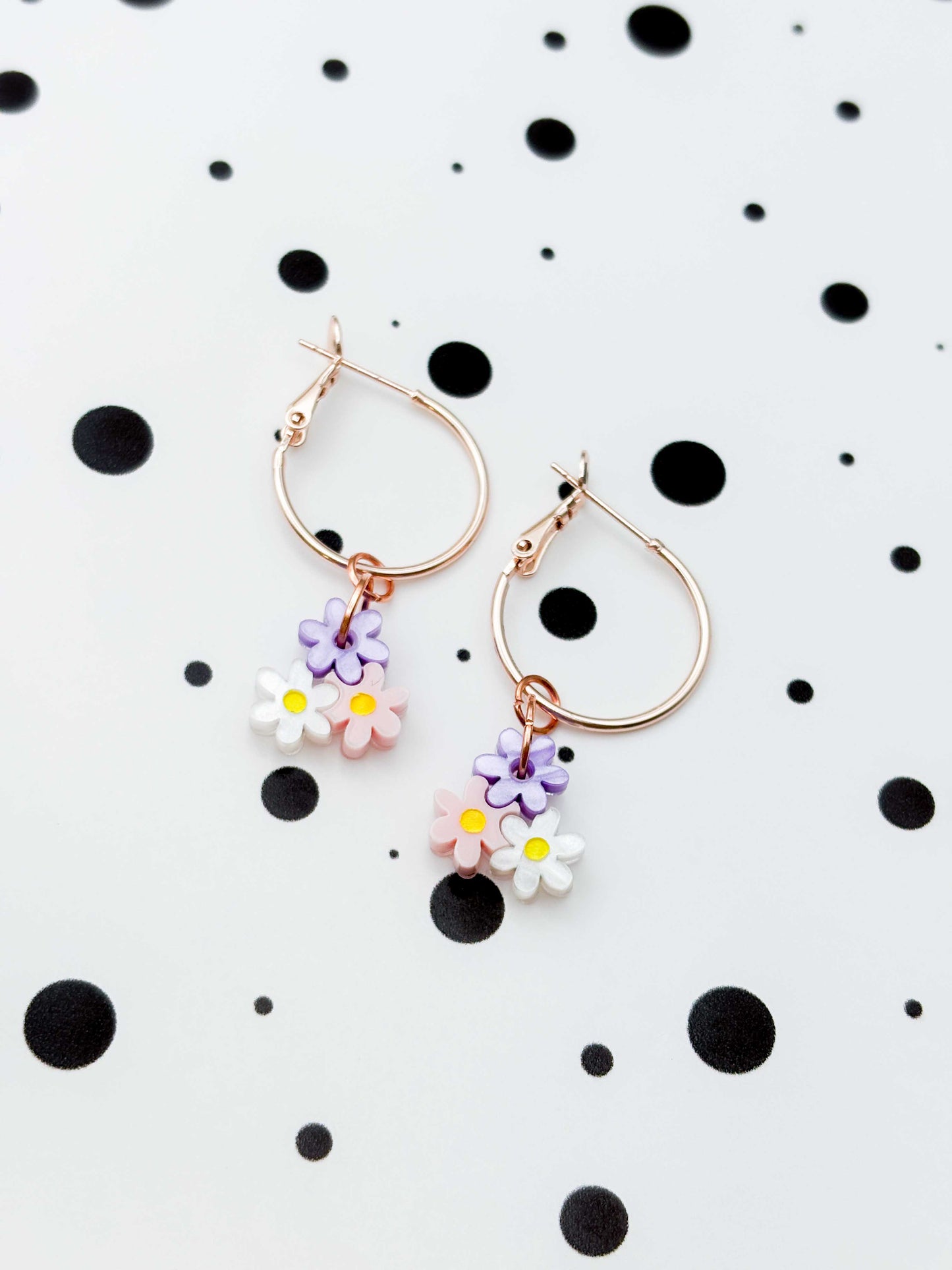 Small Lilac, Pink & White Trio of Daisies Acrylic Dangle Earrings