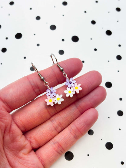 Small Lilac, Pink & White Trio of Daisies Acrylic Dangle Earrings or Necklace – Hypoallergenic Stainless Steel