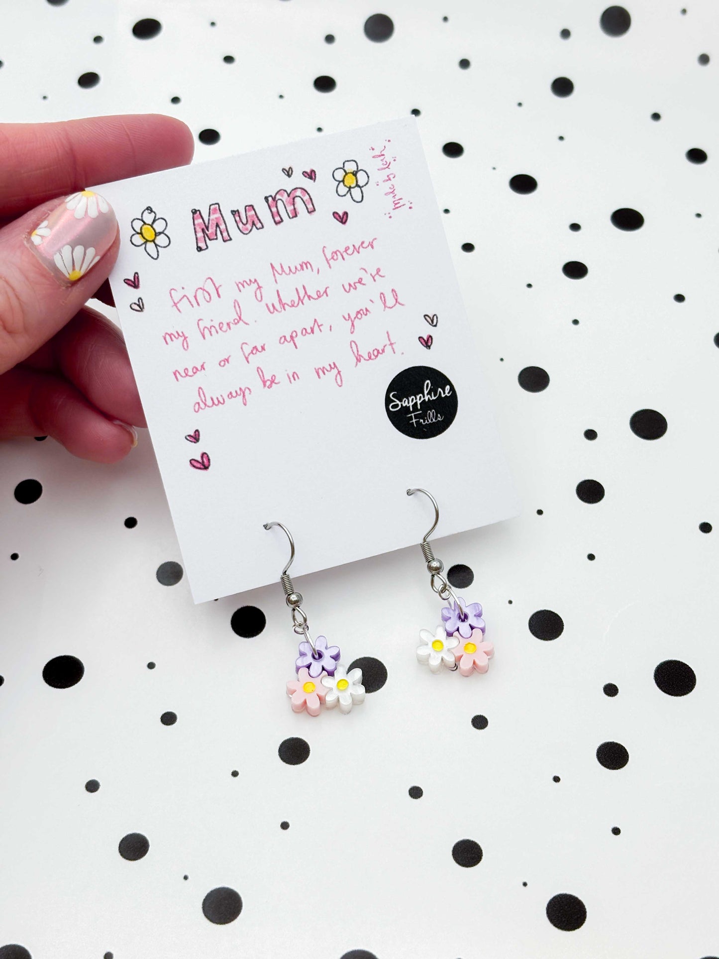 Small Lilac, Pink & White Trio of Daisies Acrylic Dangle Earrings