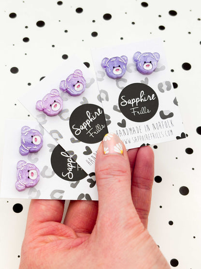 Small Lilac Glitter Marble Teddy Bear Face Stud Earrings – Hypoallergenic Stainless Steel