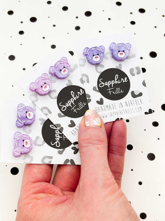 Small Lilac Glitter Marble Teddy Bear Face Stud Earrings – Hypoallergenic Stainless Steel