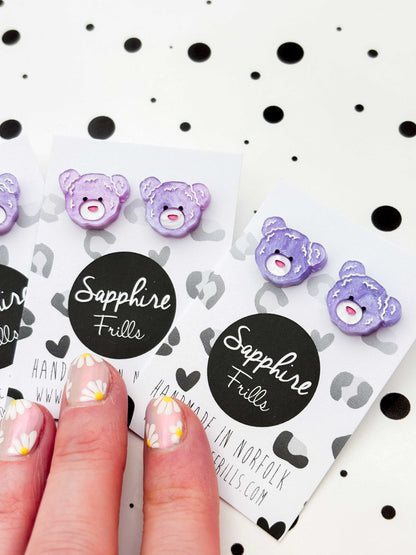 Small Lilac Glitter Marble Teddy Bear Face Stud Earrings – Hypoallergenic Stainless Steel