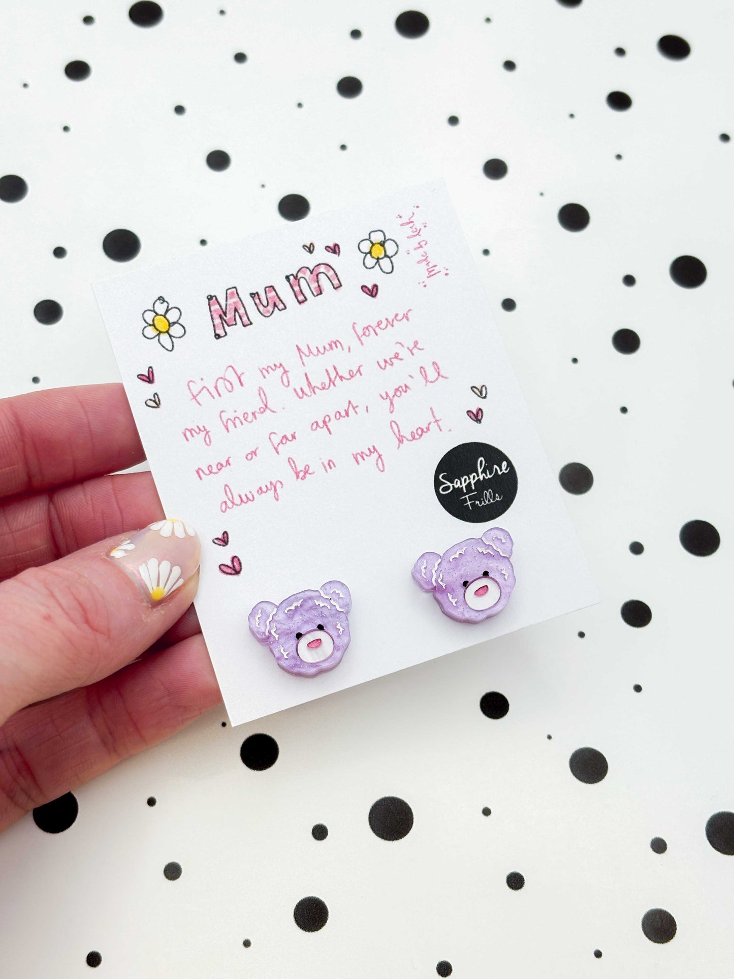 Small Lilac Glitter Marble Teddy Bear Face Stud Earrings